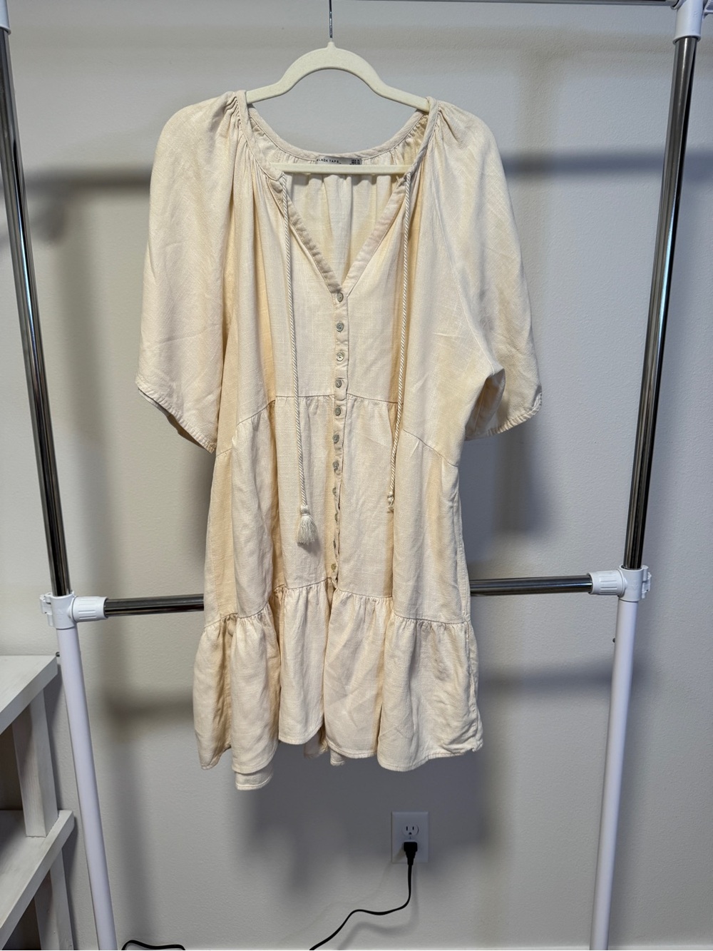 Black Tape Cream Viscose Linen Tiered Ruffle Button Front Mini Dress XL Boho